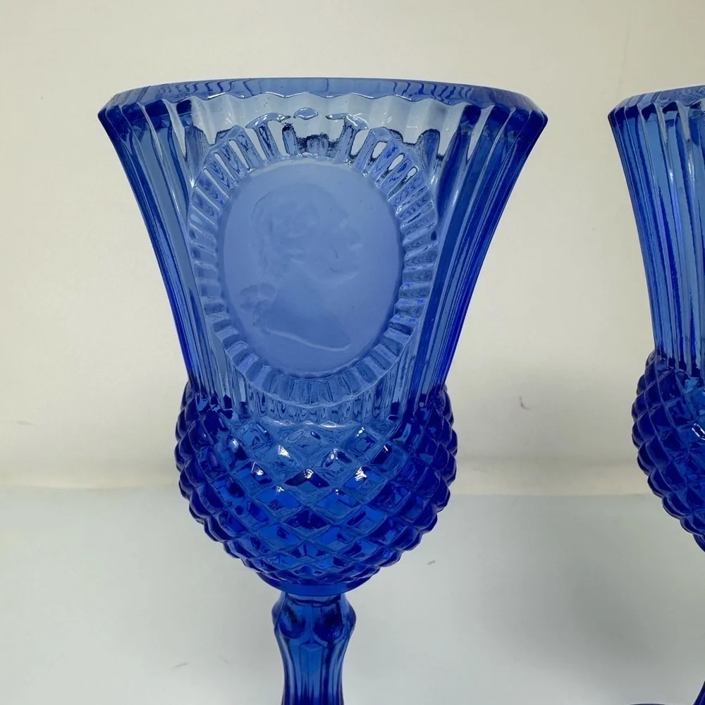 Vintage Avon Fostoria George Washington Cobalt Blue Goblets Wine Glass Cups